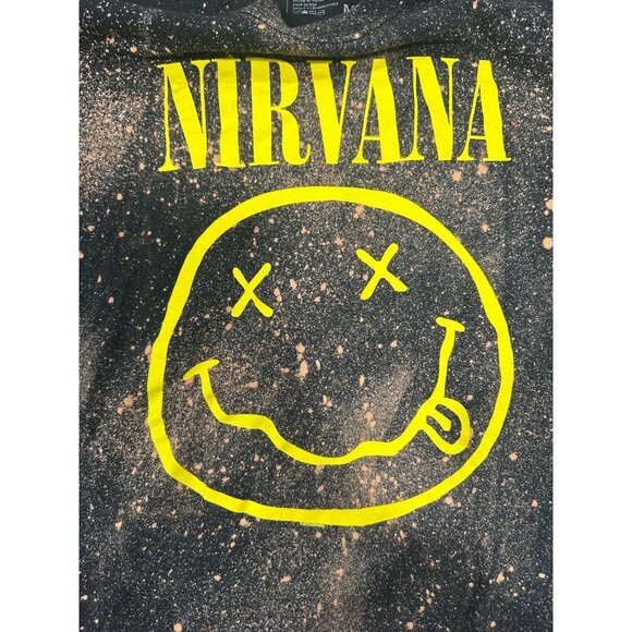 Nirvana Bleach Splatter Graphic T-Shirt M Black & Yellow Smiley Face 100% Cotton - Picture 2 of 5
